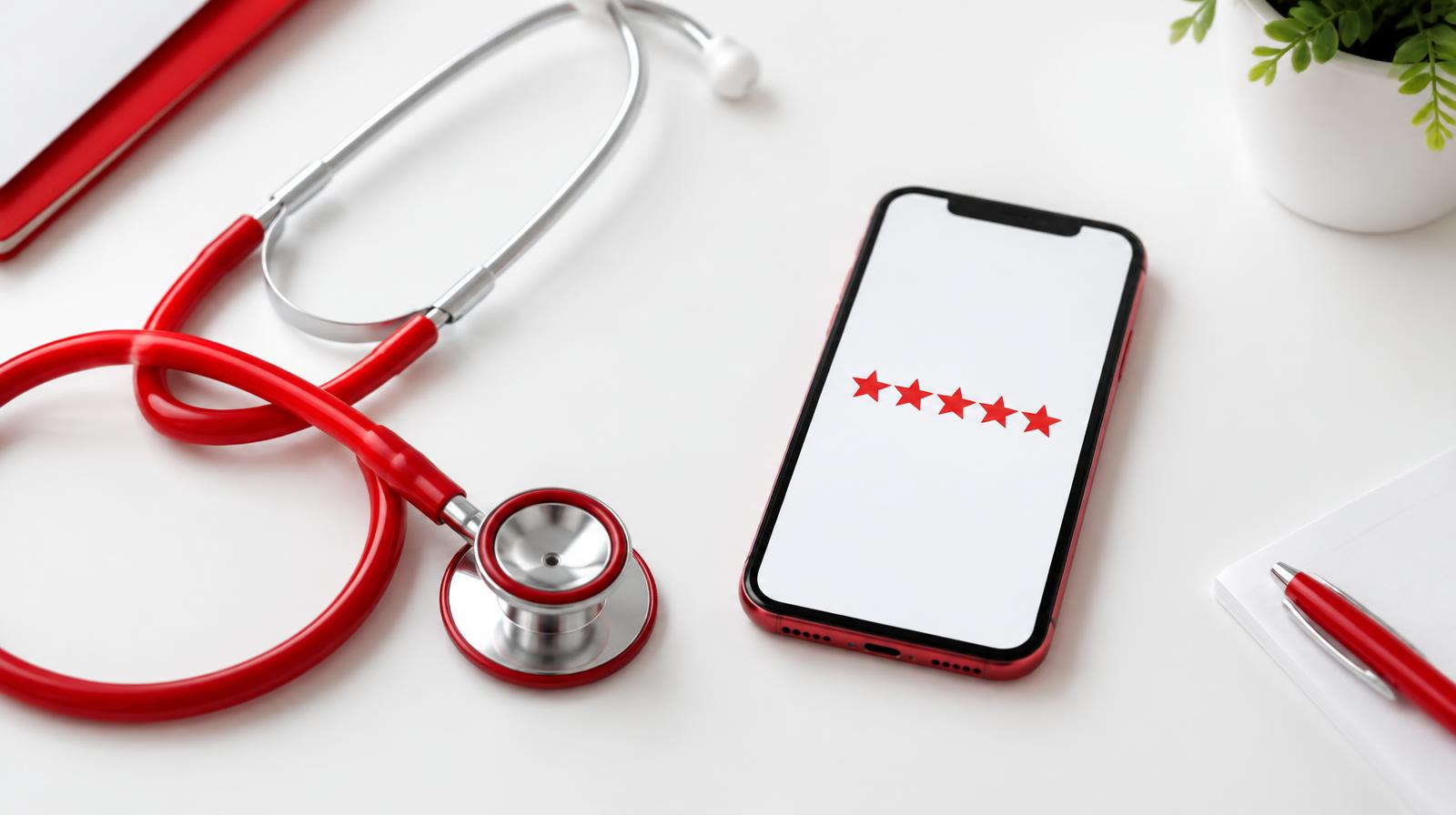 Stethoscope beside a smartphone showing five red stars — reputation management for doctors