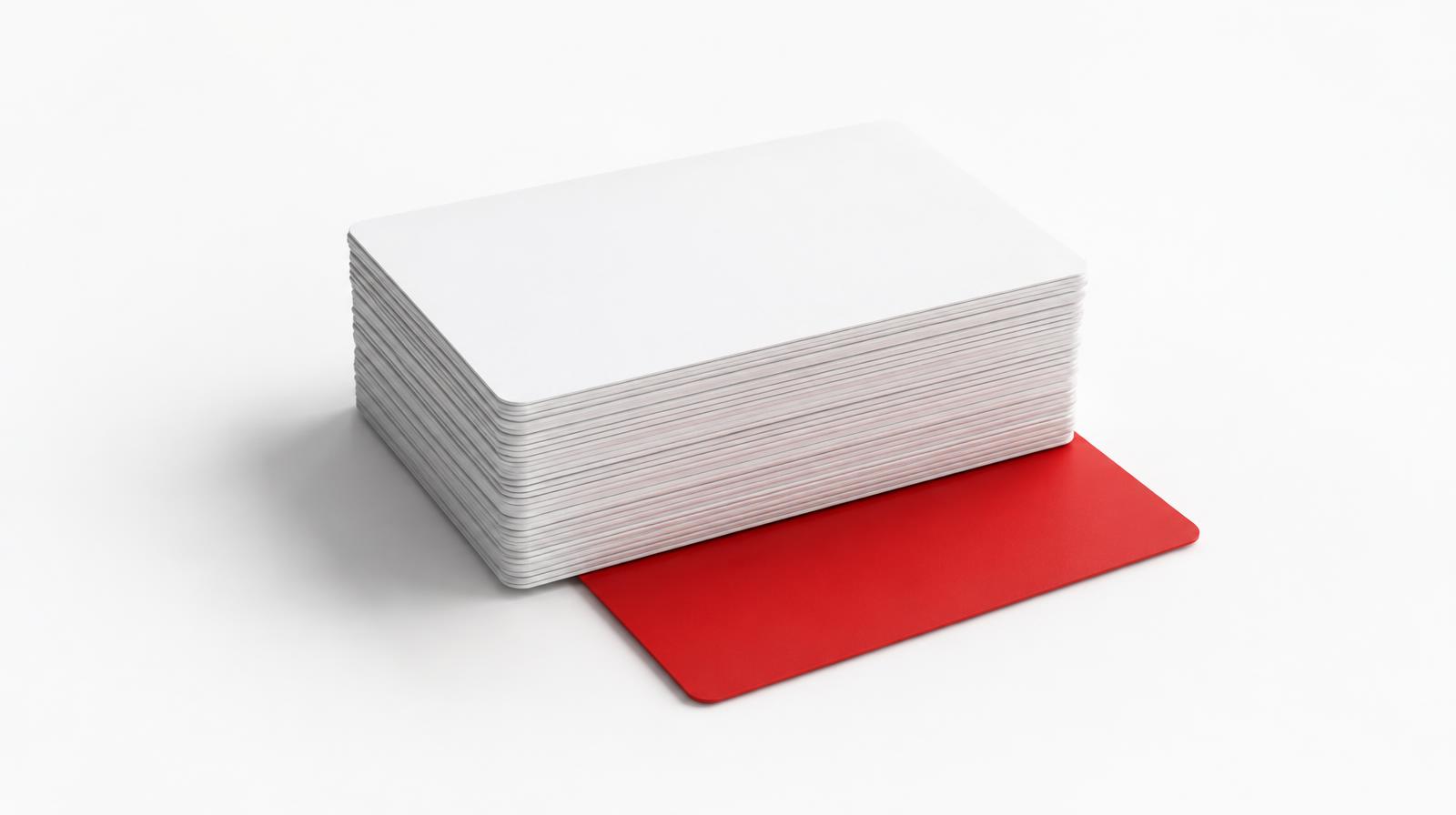 Stack of white cards pushing a single red card down and out of view — suppressing negative search results